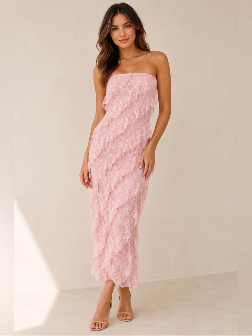 wild fable Strapless Pink Lace Ruffle Midi Dress